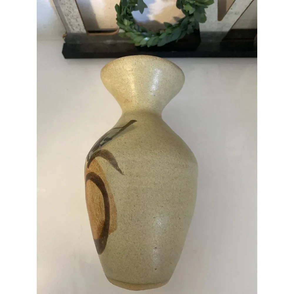 Vintage Hand Painted Stoneware Vase MCM‎ Signed Numbered Peach Design 6
